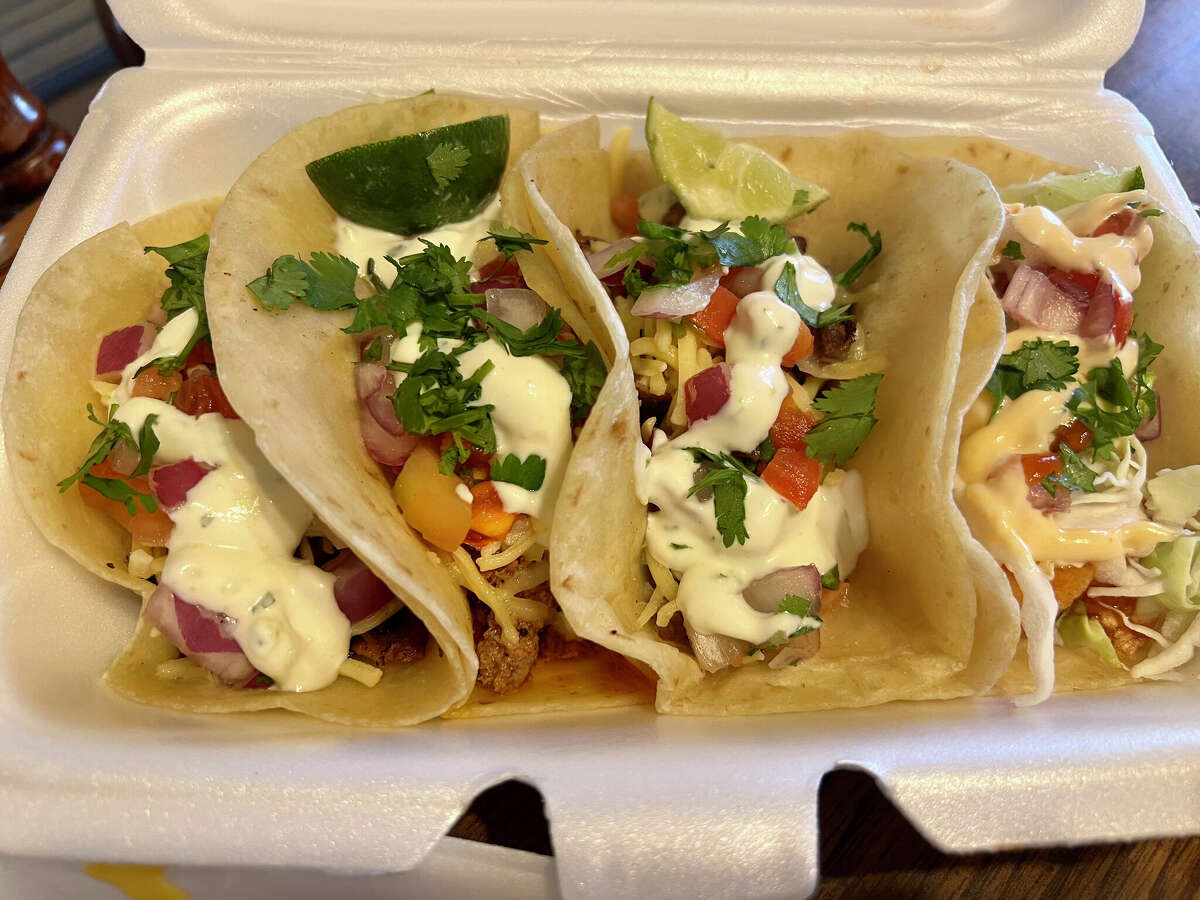 Off The Wall's street tacos from left to right, beef/chorizo, sweet chili shrimp, brisket, and steak. Off The Wall, 300 E. Central Ave., in Benld, has drive up and catering services with some of the freshest ingredients I've ever tasted.