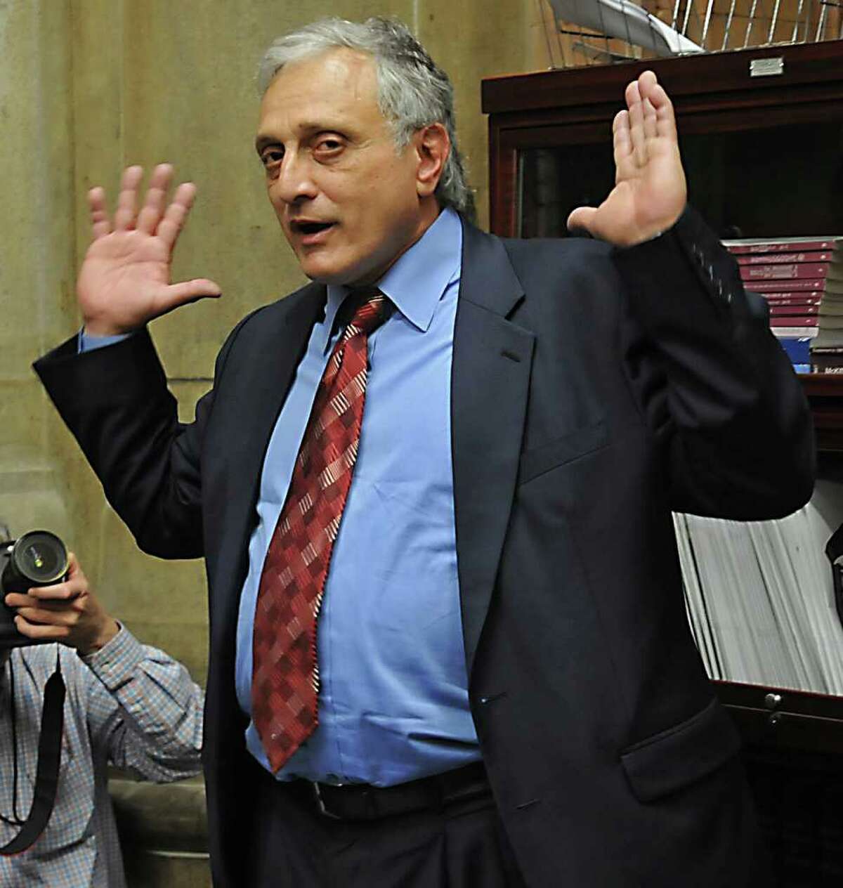 Gubernatorial candidate Carl Paladino speaks to the press in the Capitol in in Albany, NY on April 6, 2010. (Lori Van Buren / Times Union)