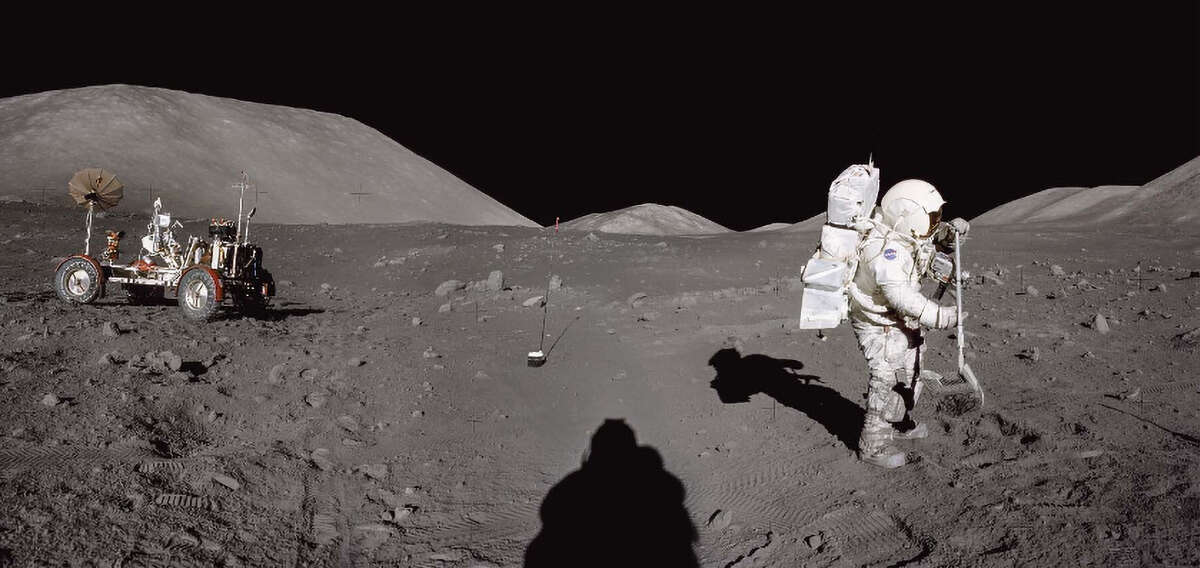 Jack Schmitt raking out lunar soil.