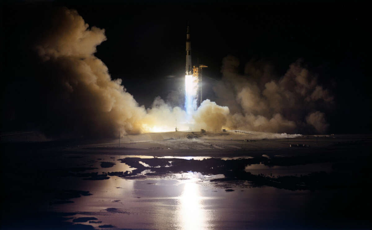 The Apollo 17 mission is launched from NASA's Kennedy Space Center in Florida on Dec. 7, 1972. Apollo 17, the final lunar landing mission in NASA's Apollo Program, was the first nighttime liftoff of the Saturn V rocket.