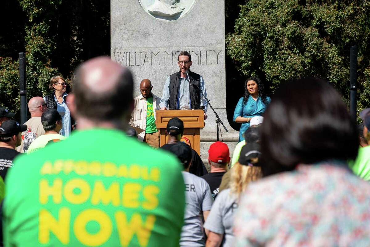 Sen. Scott Wiener speaks during a San Francisco event in April to promote affordable housing. Wiener has been one of the most outspoken housing advocates at the California Capitol.