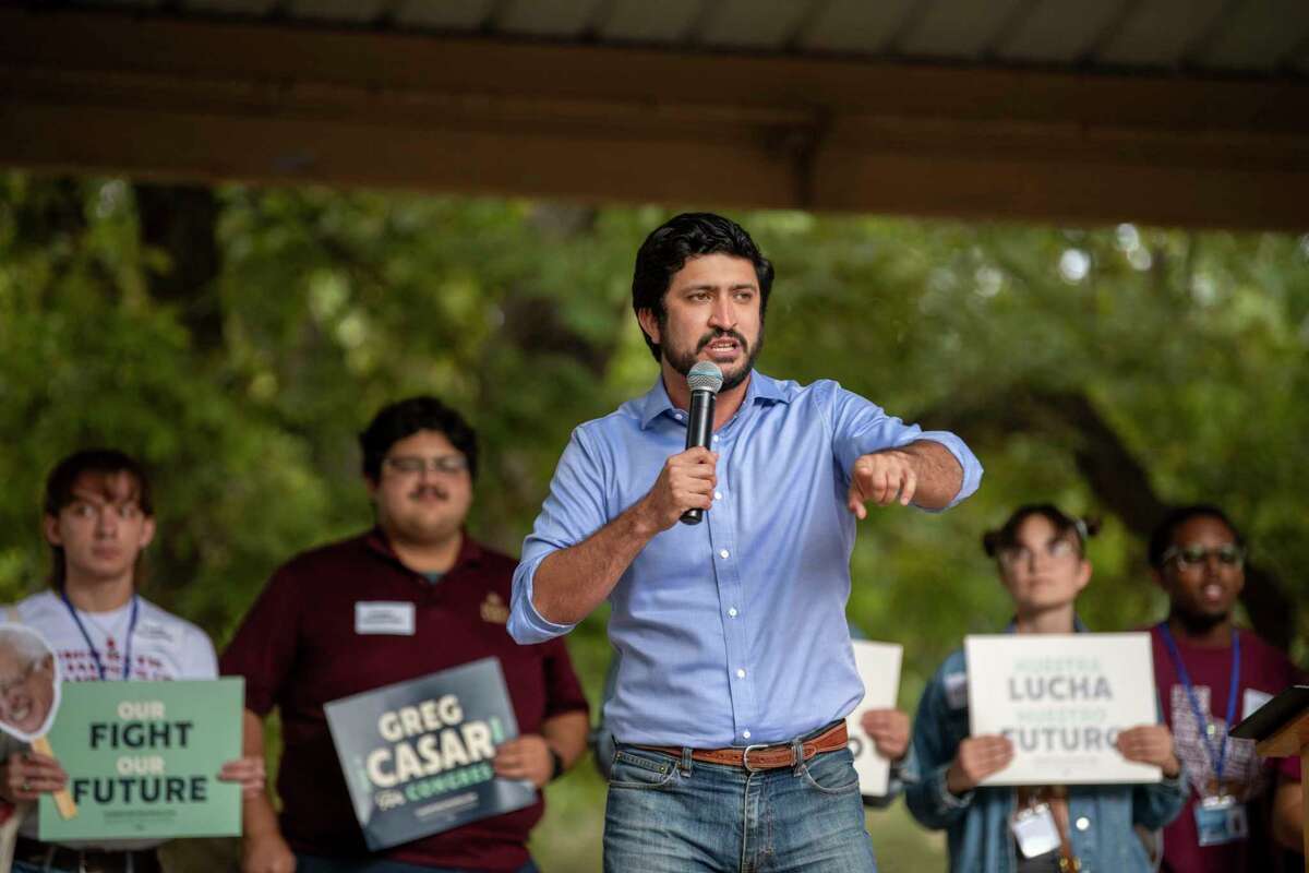 Democratic nominee for Texas Congressional District 35, Greg Casar, speaks during a get out the vote rally at Sewell Park in San Marcos on Sat.October, 29, 2022.