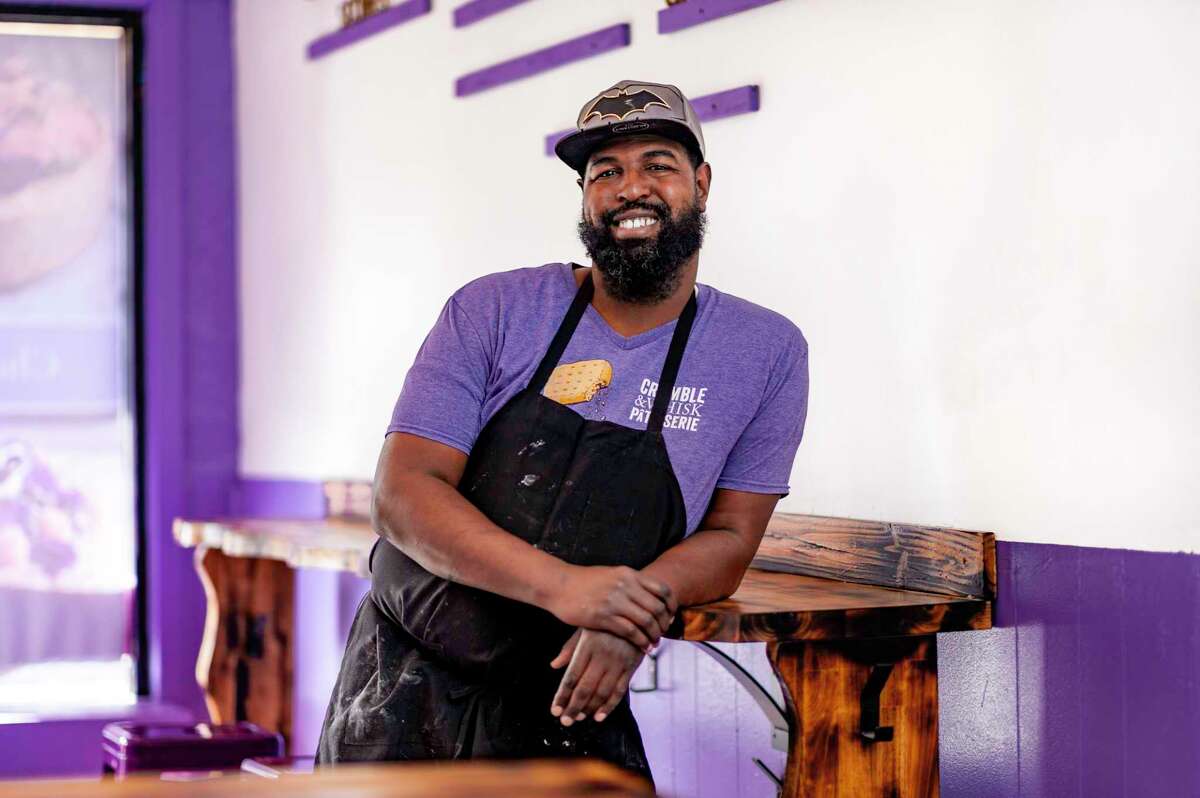 Crumble & Whisk chef and owner Charles Farrier at his new shop in Oakland's Laurel District. Farrier specializes in cheesecake, which has earned him a following.