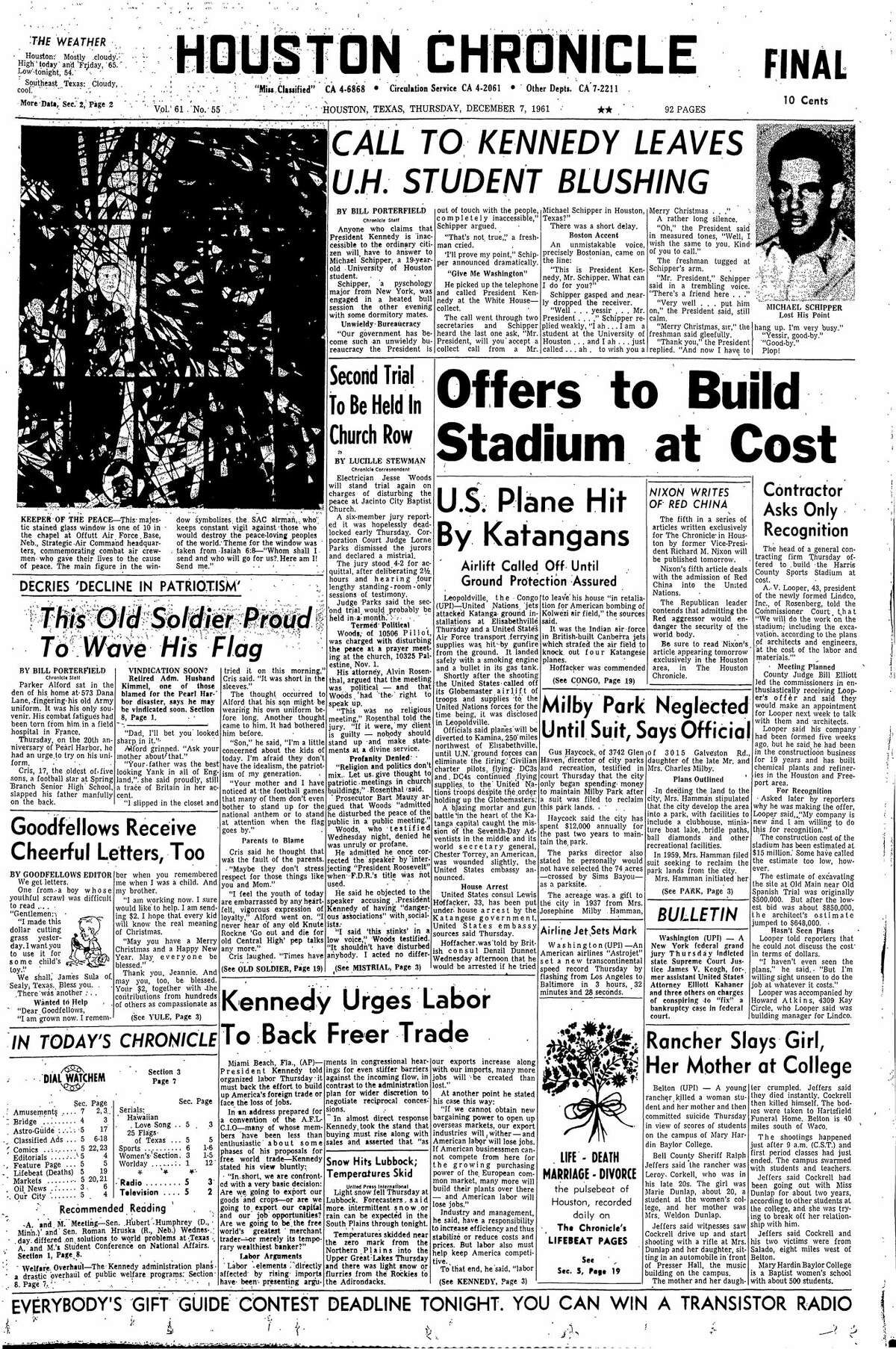 Houston Chronicle front page from Dec. 7, 1961.