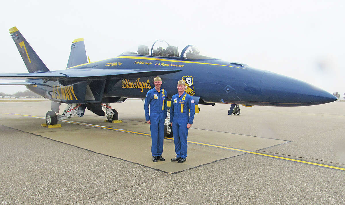 Lieutenant Commander Brian Vaught, left, and Lieutenant Commander Thomas Zimmerman were at Scott Air Force on Tuesday to promote the Scott AFB Airshow and STEM Expo on the Scott AFB Airshow and STEM Expo on May 13-14, 2023.
