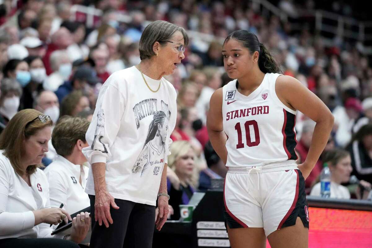Stanford head coach Tara VanDerveer, left, talks with guard Talana Lepolo (10) during the first half of an NCAA college basketball game against South Carolina in Stanford, Calif., Sunday, Nov. 20, 2022. (AP Photo/Godofredo A. Vásquez)