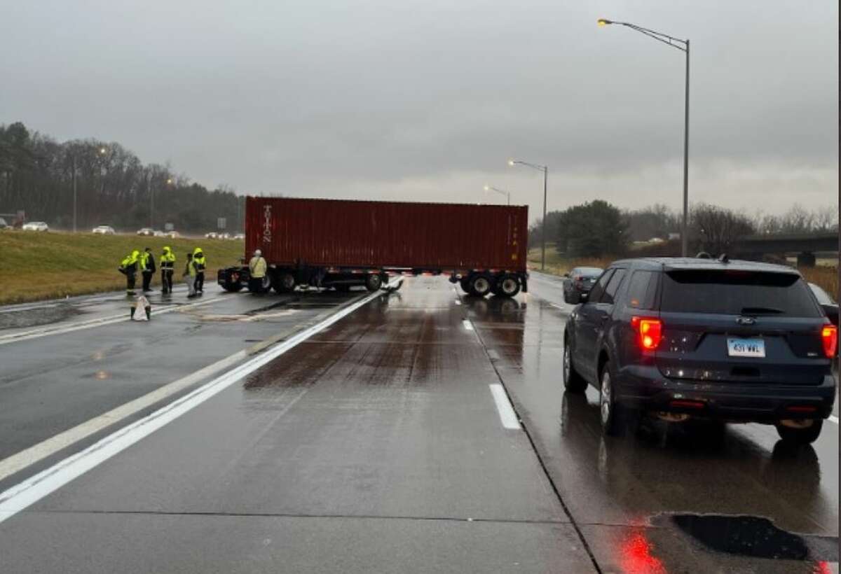 A tractor trailer jackknifed on I-84 E Wednesday morning, backing up traffic and spilling fuel. No one was injured. 