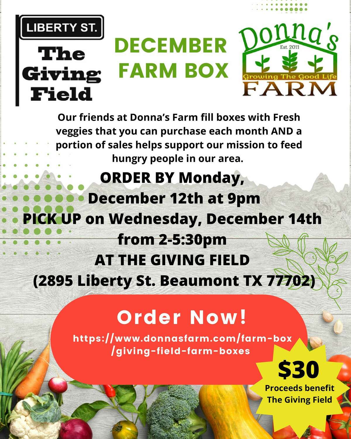 Donna's Farm and the Giving Field offer monthly farm boxes with fresh vegetables.