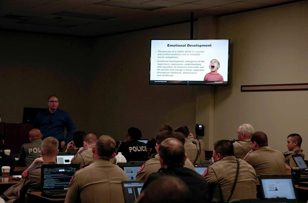 School based law enforcement attend a training course on Tuesday, Dec. 6, 2022 at the Texas State University School Safety Center in Houston. Some topics covered in this training are child and adolescent development and Psychology, de-escalation techniques and Mental and Behavioral Health Needs of Children with Disabilities or Special Needs.