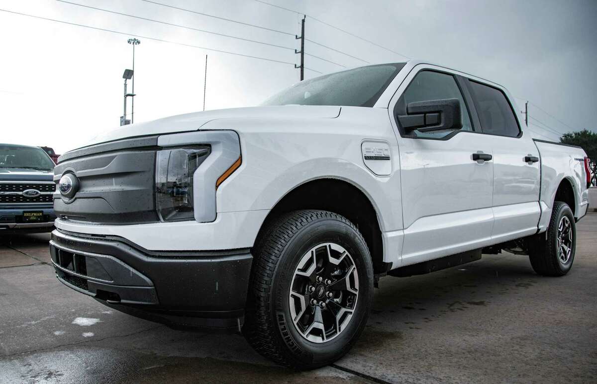 Fords new electric F150, Lightning, displayed on Wednesday, Dec. 7, 2022 at Hellman Ford Dealership in Houston.