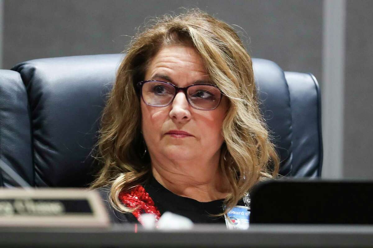 Conroe ISD school board member Misty Odenweller is seen during a special Conroe ISD board meeting at the Deane L. Sadler Administration Building, Tuesday, Dec. 6, 2022, in Conroe. Odenweller, along with Tiffany Nelson and Melissa Dungan, ran as a conservative slate known as "Mama Bears.”