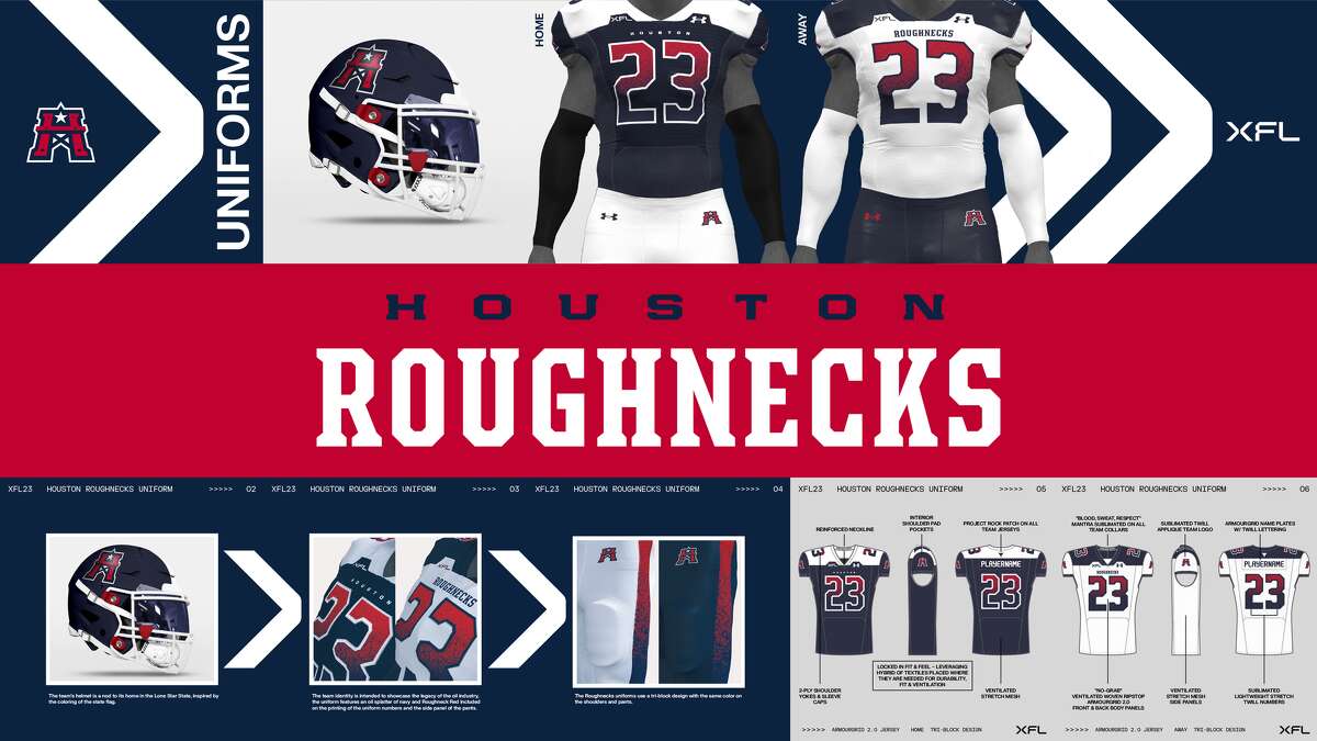 The details behind the helmet and uniforms for the XFL's Houston Roughnecks, who begin play in February 2023.