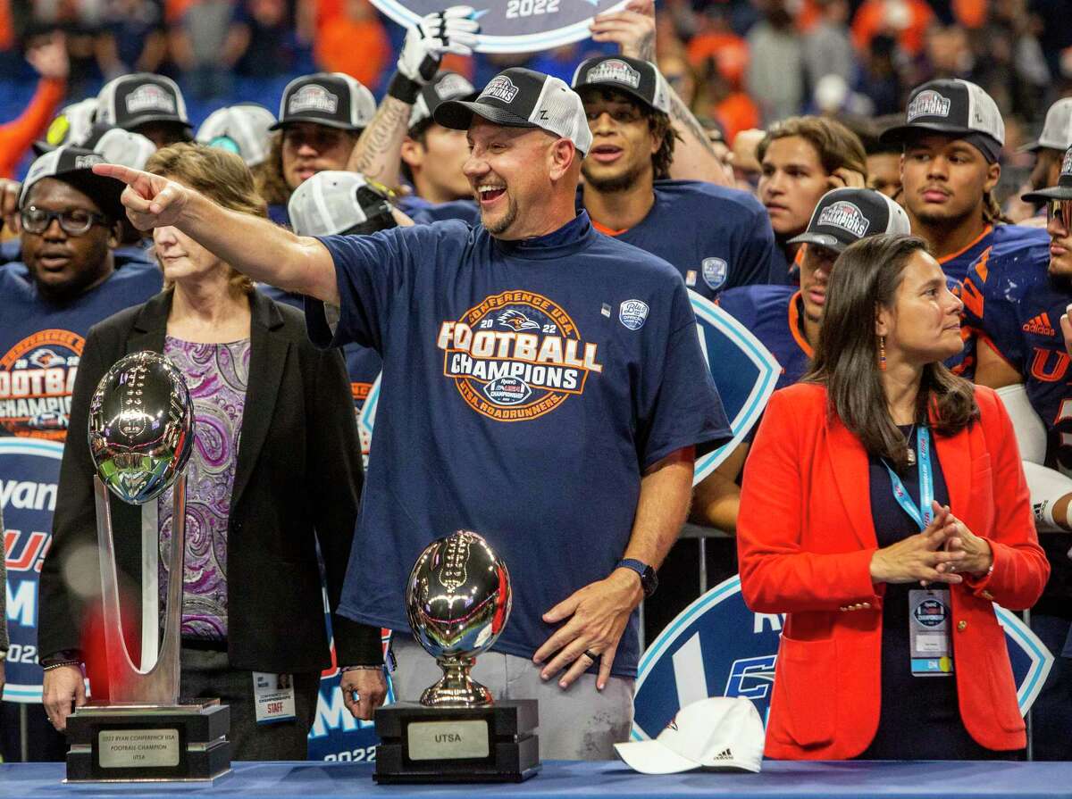 UTSA Coach Jeff Traylor celebrates Friday night, Dec. 2, 2022 at the Alamodome after the Roadrunners beat the North Texas Mean Green 48-27 to win back-to-back C-USA championships.
