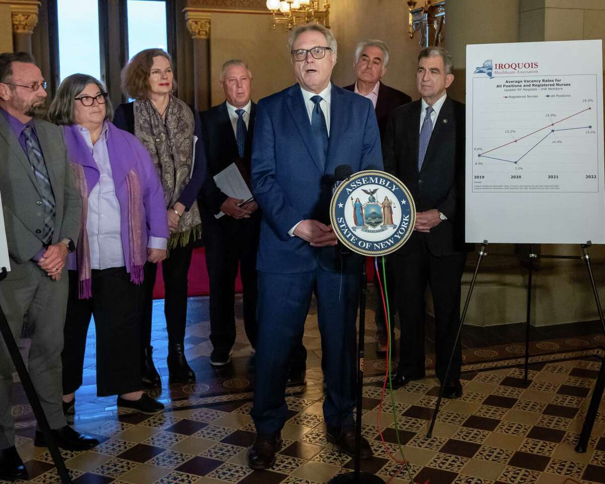 Iroquois Healthcare Association President and CEO Gary Fitzgerald speaks during a press conference about a shortage of medical workers on Wednesday, Dec. 7, 2022, at the state Capitol in Albany, NY. (Jim Franco/Times Union)