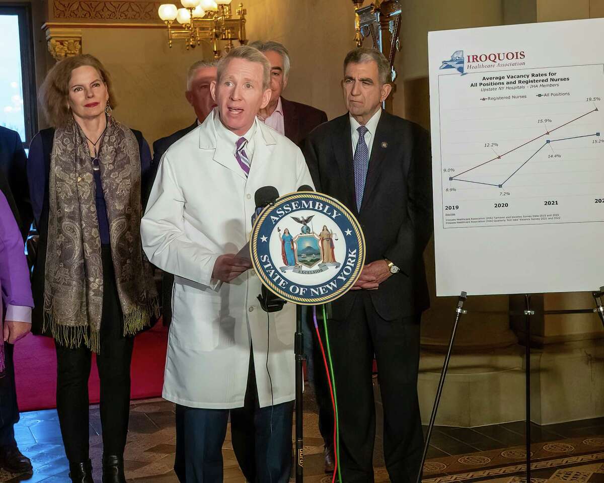 Albany Med Health System President and CEO Dennis McKenna speaks during a press conference about a shortage of medical workers on Wednesday, Dec. 7, 2022, at the state Capitol in Albany, NY. (Jim Franco/Times Union)