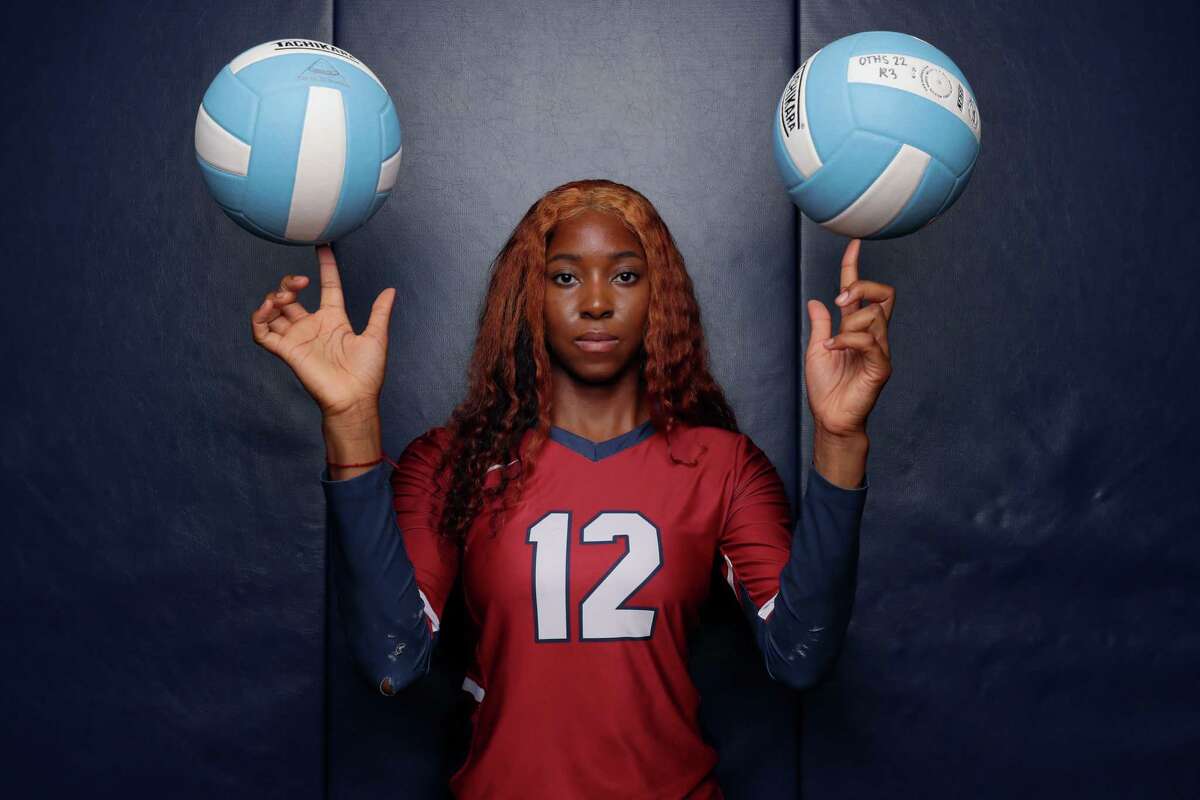 All-Greater Houston volleyball player of the year, Tompkins High School senior Cindy Tchouangwa, in the school’s practice gym Wednesday, Dec. 7, 2022 in Katy, TX.