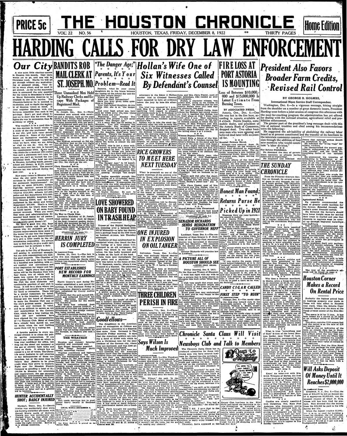 Houston Chronicle front page for Dec. 8, 1922.