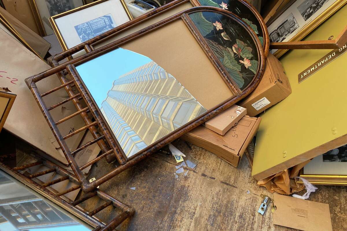 The Westin St. Francis reflected in the trash can mirror. 