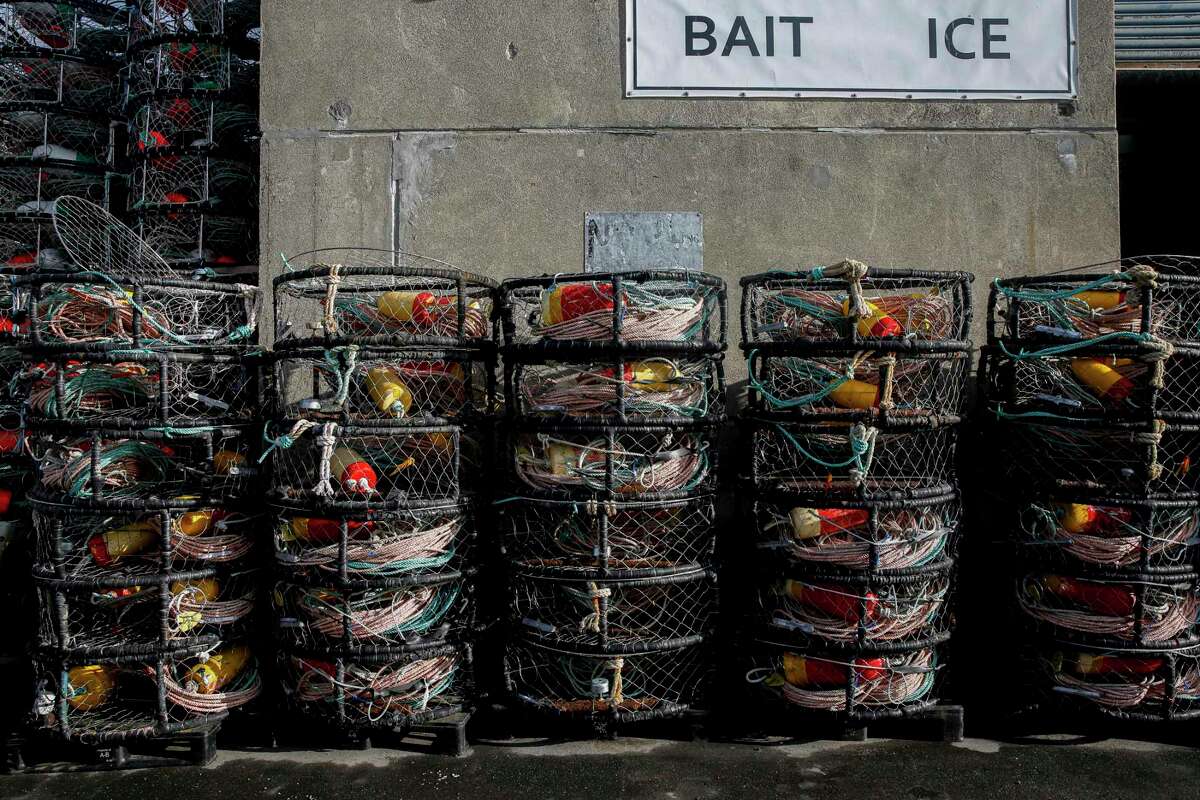 去年，在旧金山45号码头的Water 2 Table渔业公司附近，可以看到等待装船的蟹罐。
