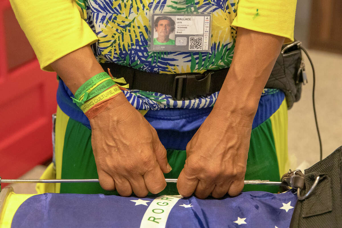 Brazilian Wallace Leite holds his drum before the Brazil and Switzerland World Cup game in Doha, Qatar on November 28, 2022.before the Brazil and Switzerland World Cup game in Doha, Qatar on November 28, 2022.