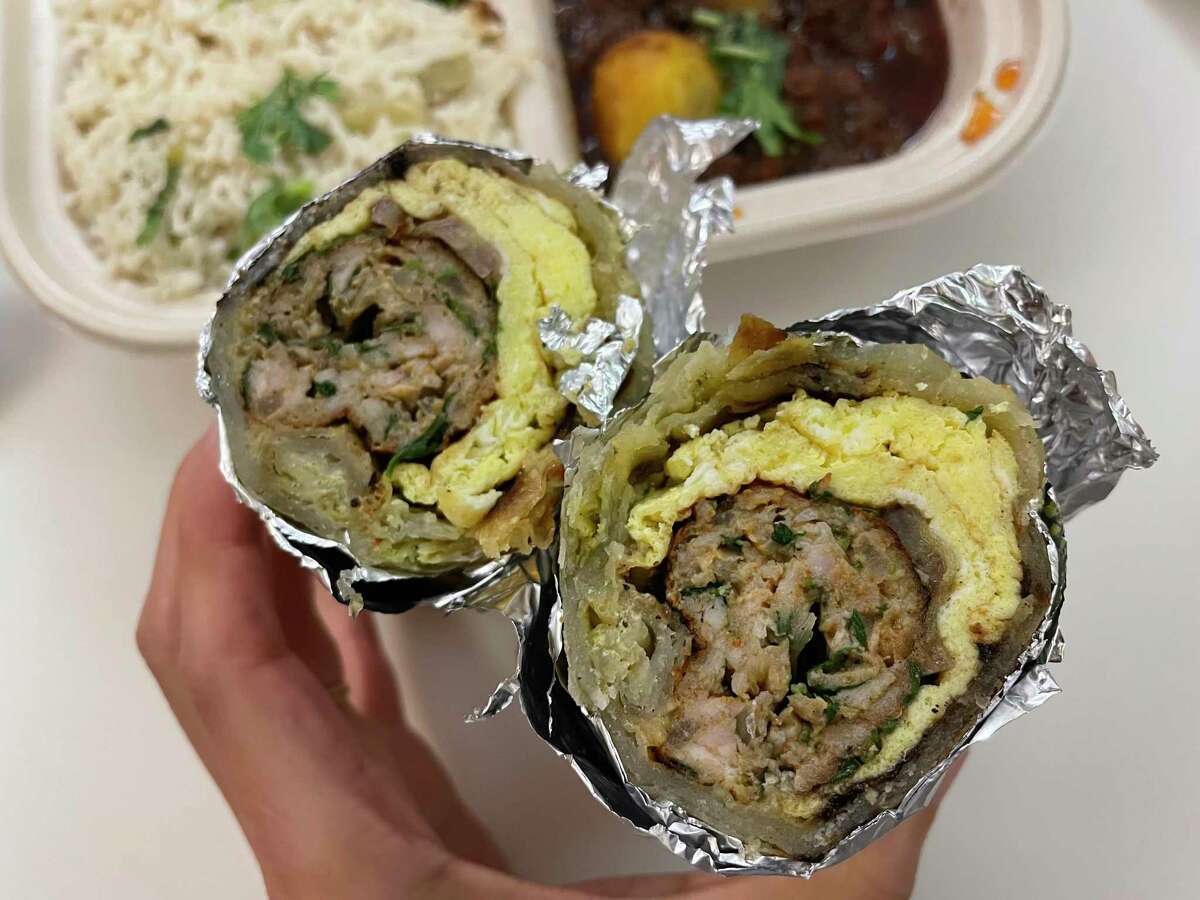 Kolkata Seekh Kebab Kathi Roll from Munch India, a takeout-only restaurant in Berkeley.