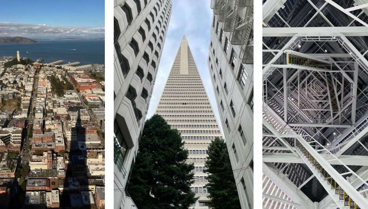 The Transamerica Pyramid as seen in shadow, from the redwood grove and from the inside of the spire looking upward.