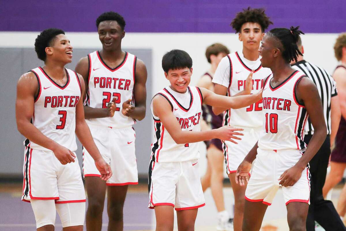 Porter players celebrate after defeating Magnolia West 30-27 during a high school basketball game during the Schurr Insurance Holiday Tournament at Montgomery High School, Thursday, Dec. 8, 2022, in Montgomery.