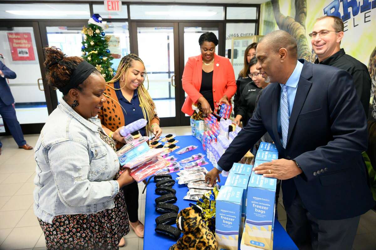 Community partners distributed personal care supplies at Briargate Elementary School last week.