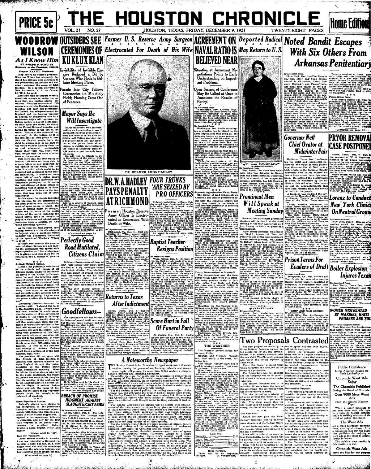 Houston Chronicle front page for Dec. 9, 1921.