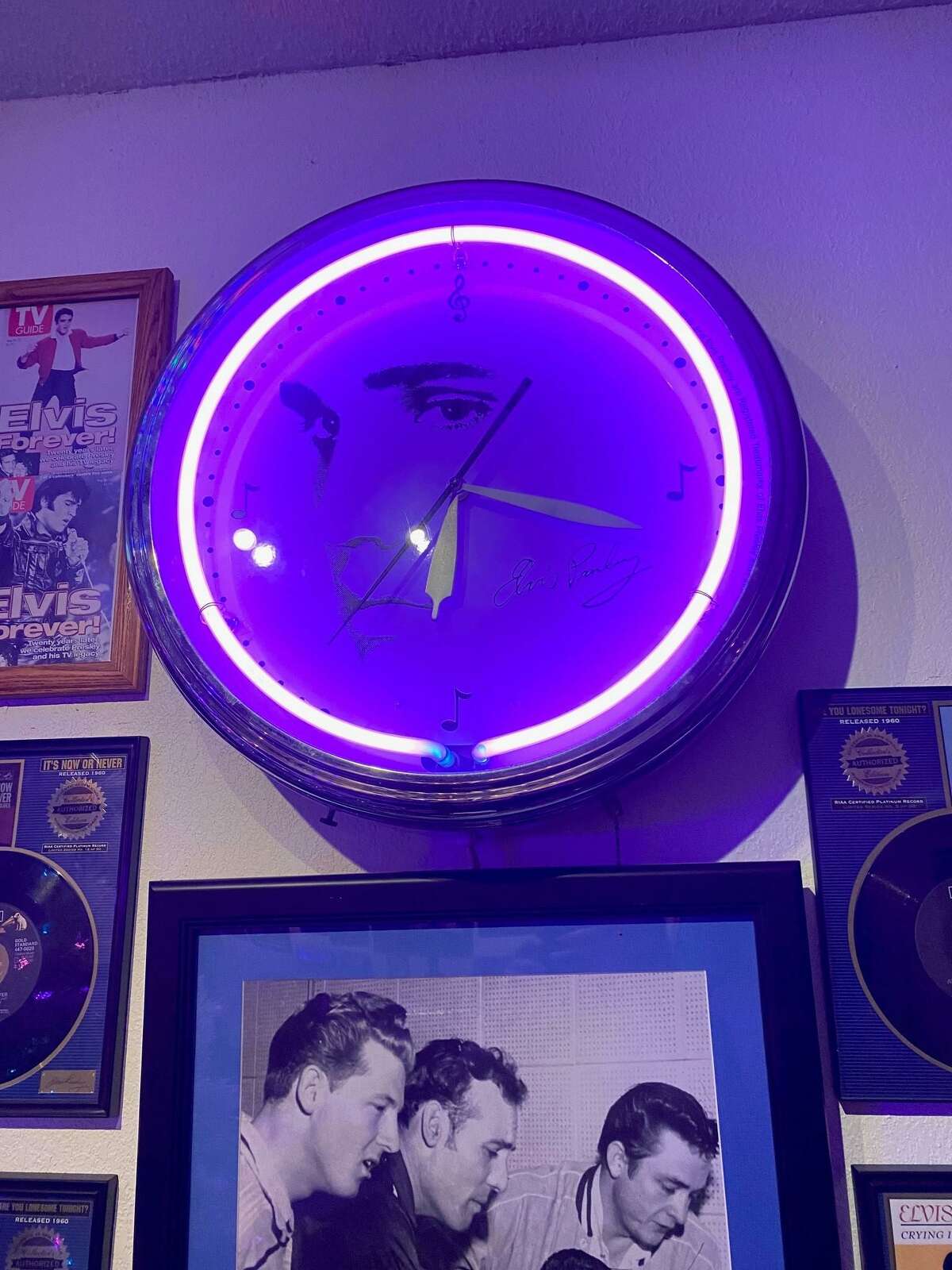 The purple Elvis clock that started Mary McCoy’s Elvis collection.