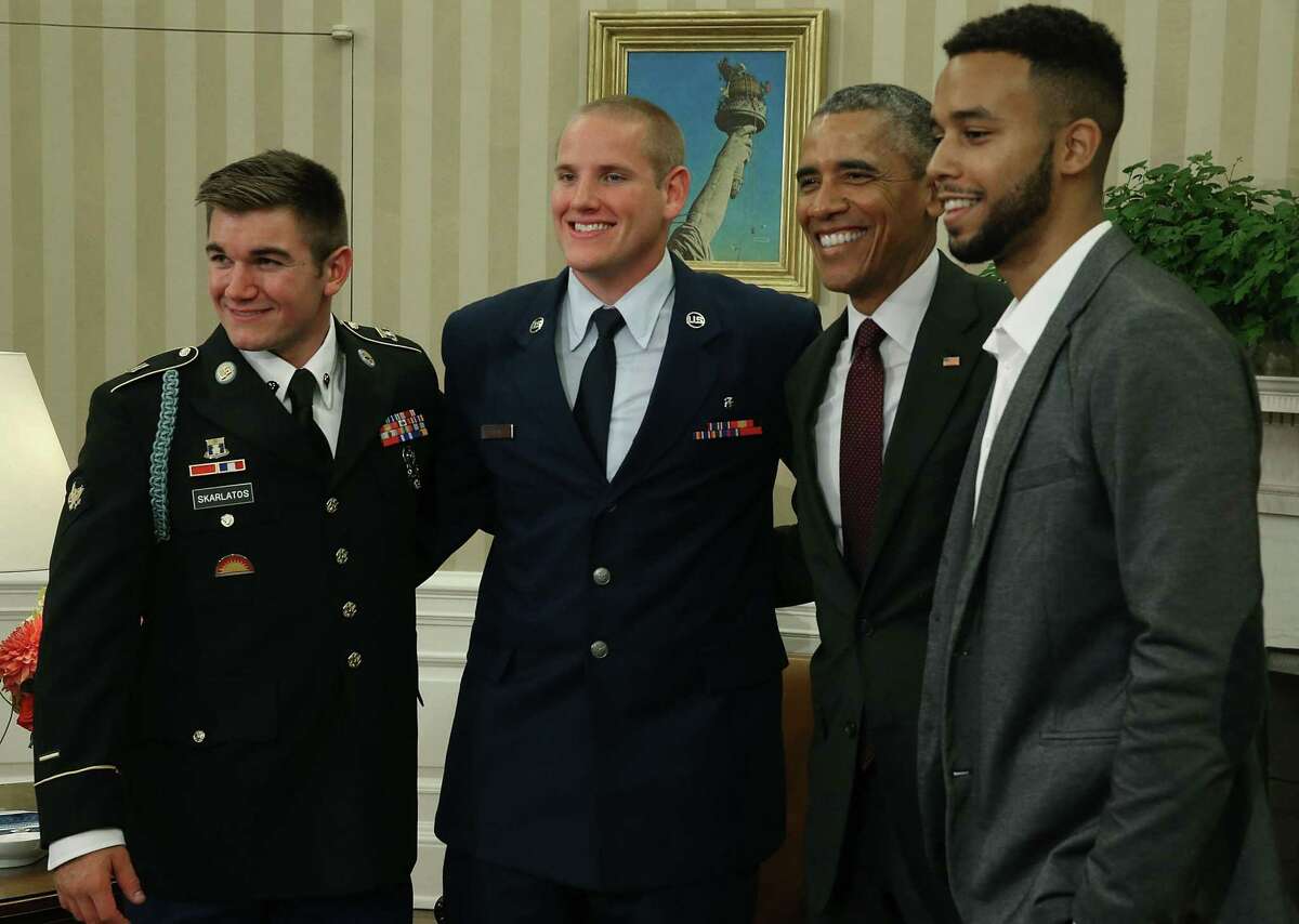 The Americans who stopped a terrorist attack on a Paris-bound train — Alek Skarlatos, from left, Spencer Stone and Anthony Sadler — meet with President Barack Obama in 2015. It was of many events honoring the trio.