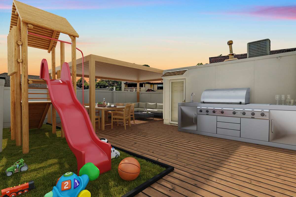 The rooftop terrace (virtually staged in this image) is a blank canvas for any lifestyle needs.