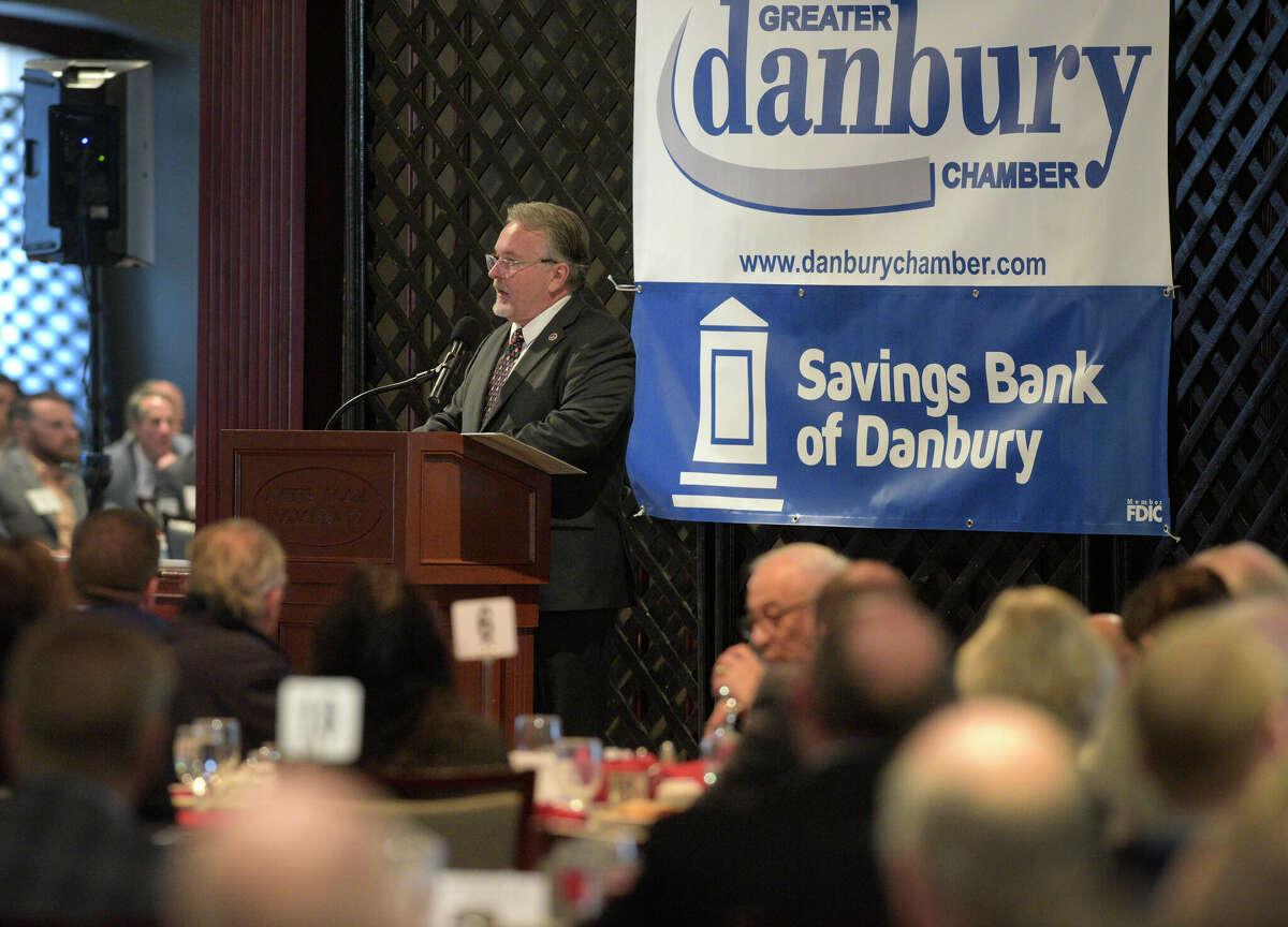 Mayor Dean Esposito delivers the State of the City address at the annual Greater Danbury Chamber of Commerce Cecil J. Previdi Award luncheon at the Amber Room Colonnade, Danbury, Conn. Friday, December 9, 2022.