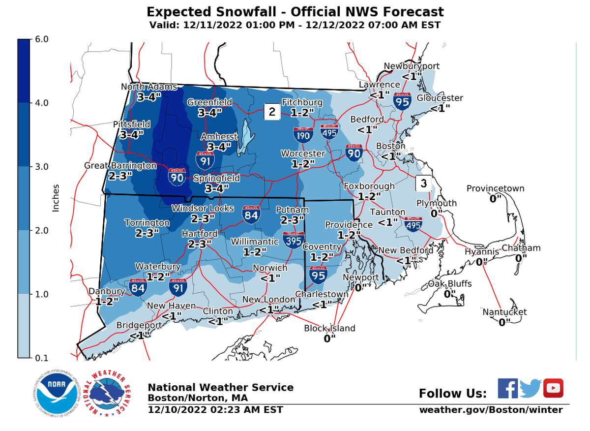 NWS 1 to 4 inches of snow expected Sunday in CT