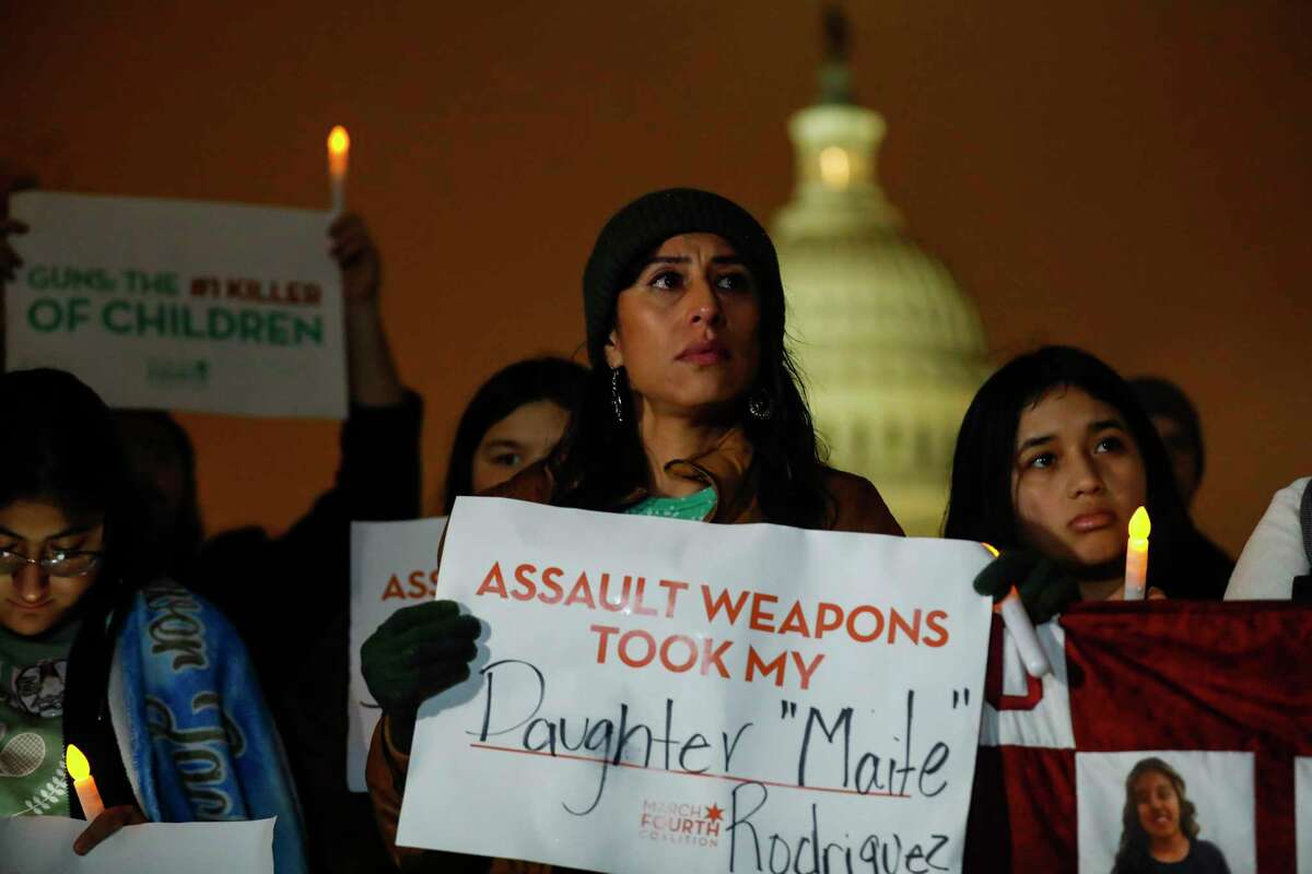 Jazmin Cazares, from left, Ana Rodriguez and Thalia Garcia rally for gun control outside the U.S. Capitol on Tuesday at a protest in Washington, D.C. organized by March Fourth, a nonprofit. All three lost relatives in the May 24 Uvalde massacre.