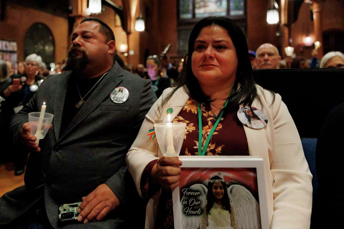 Javier and Gloria Cazares attend the 10th Annual National Vigil for All Victims of Gun Violence at St. Mark's Episcopal Church in Washington, D.C. on Wednesday. The couple lost their 9-year-old daughter Jacklyn “Jackie” Cazares in the May 24 shooting at Robb Elementary School in Uvalde.