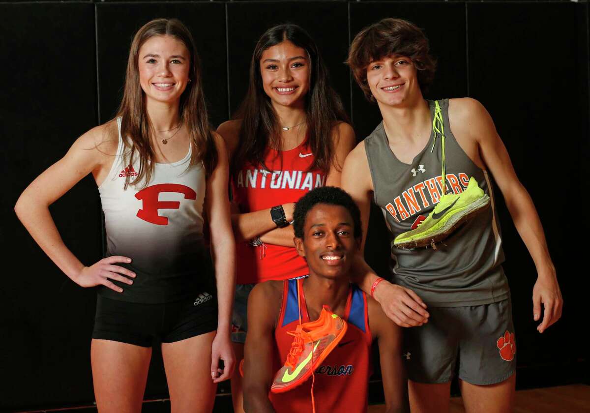 From left, Fredericksburg’s Taylor Grona, Antonian’s Micaela Villarreal, TMI’s Franco Parra and Jefferson’s Henok Hayele headline this year’s Express-News All-Area Cross Country Team and are finalists for Athlete of the Year. Parra and Villarreal were TAPPS Class 6A individual champions.