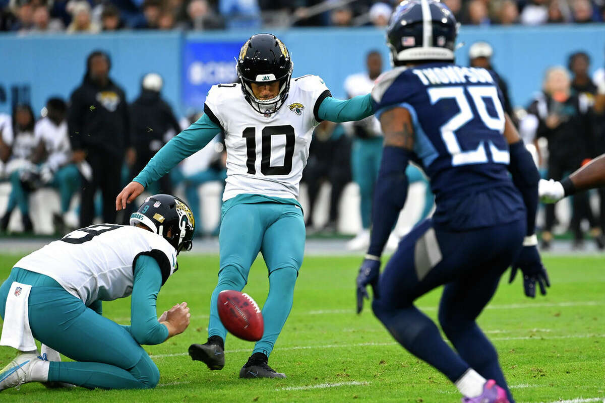 Jacksonville Jaguars place kicker Riley Patterson (10) kicks a