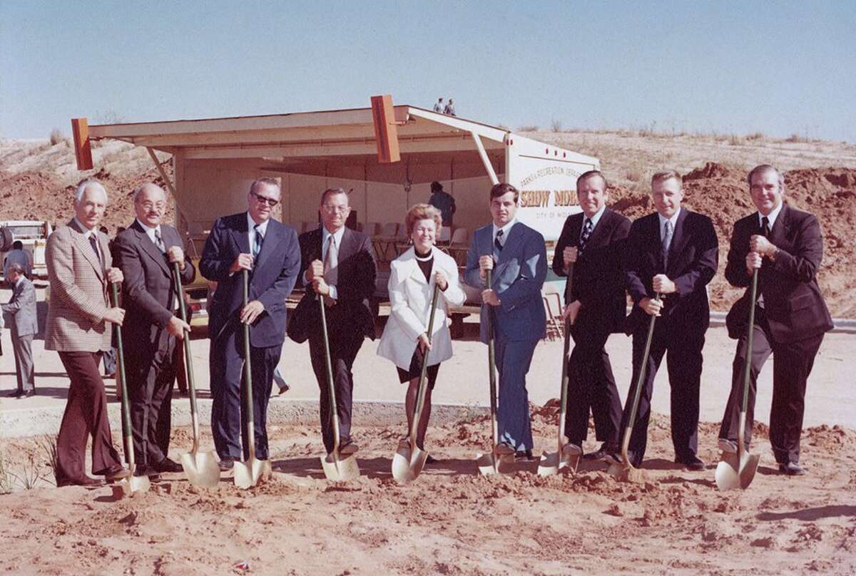 Ground Breaking for Midland College. From left: Thornton Hardie, Chamber of Commerce vice president, Bevington Read, Higher Education, Midland College board President Reagan Legg, Midland ISD board President Wally Craig, County Judge Barbara Culver, state Rep. Tom Craddick, state Sen. Pete Snelson, Mayor Ernie Angelo and College President Al G. Langford 
