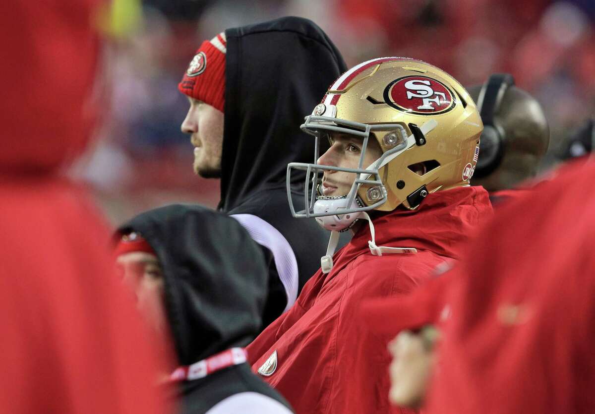 Brock Purdy (13) watches from the sidelines late in the second half as the San Francisco 49ers played the Tampa Bay Buccaneers at Levi’s Stadium in Santa Clara, Calif., on Sunday, December 11, 2022.