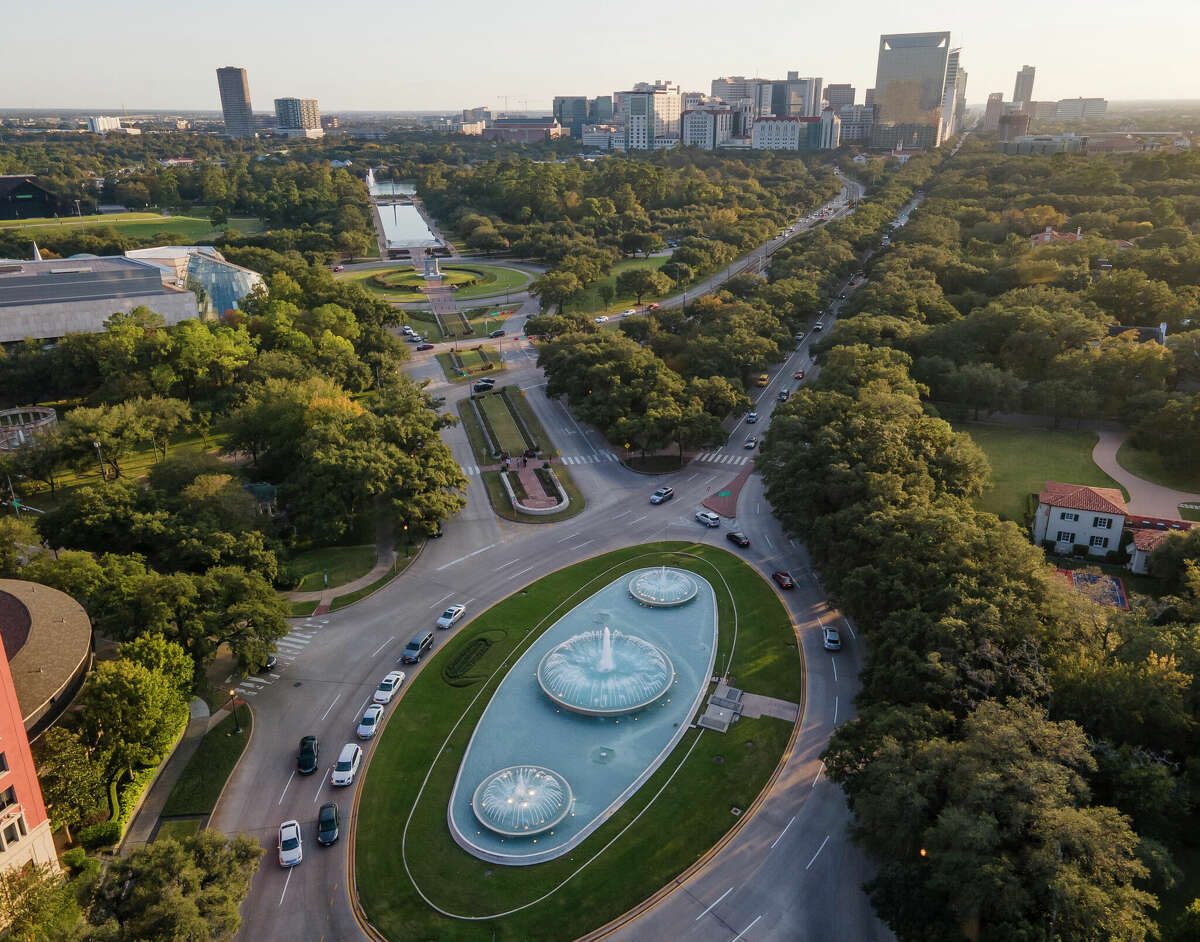 The Mecom Fountain anchors a roundabout where Main Street, Montrose Boulevard and Hermann Park Drive come together north of the Texas Medical Center on Friday, Nov. 6, 2020, in Houston.