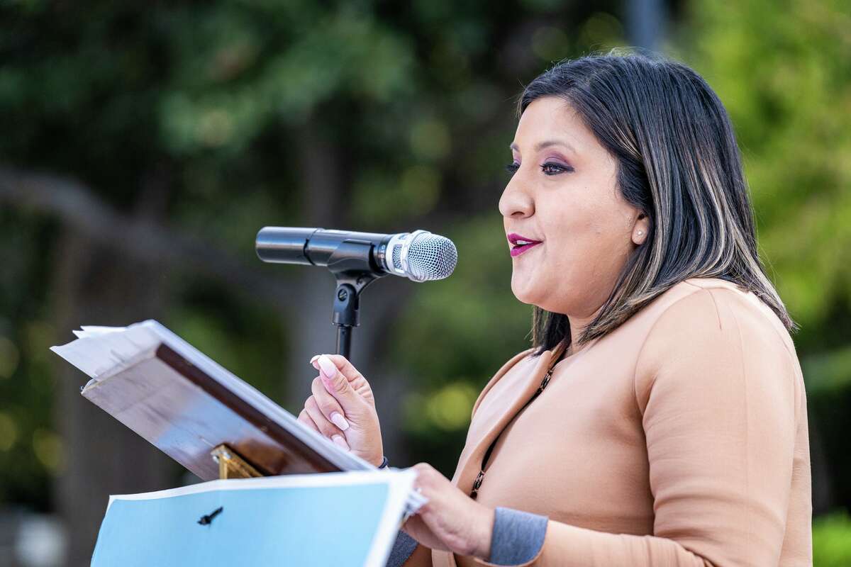 Sen. Melissa Hurtado (D-Sanger) speaks at a protest of water mismanagement at the State Capitol on October 26 in Sacramento, Calif. Hurtado was sworn in to her second term on Saturday after claiming victory in the closest legislative race this year.