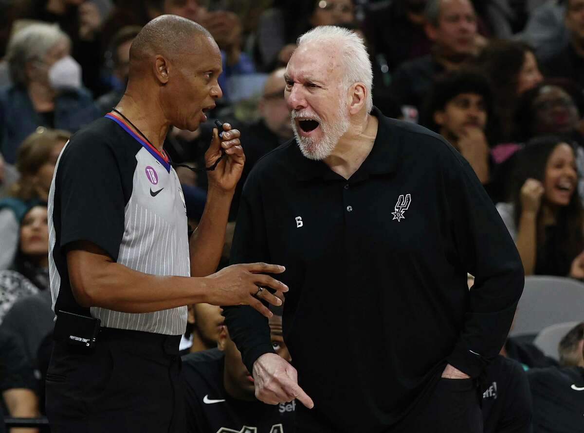 Spurs head coach Gregg Popovich shows his displeasure to a game official in the game against the Cleveland Cavaliers at AT&T Center on Monday, Dec. 12, 2022.