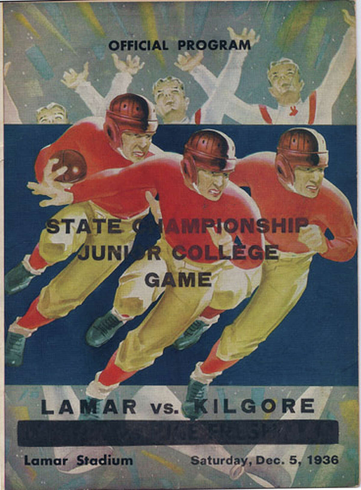 This is a copy of the official football program for the 1936 State Championship Junior College Game between Lamar and Kilgore. Photo courtesy of the Lamar University archives
