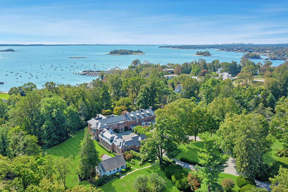 An aerial overview of the estate at 30 Field Point Dr.