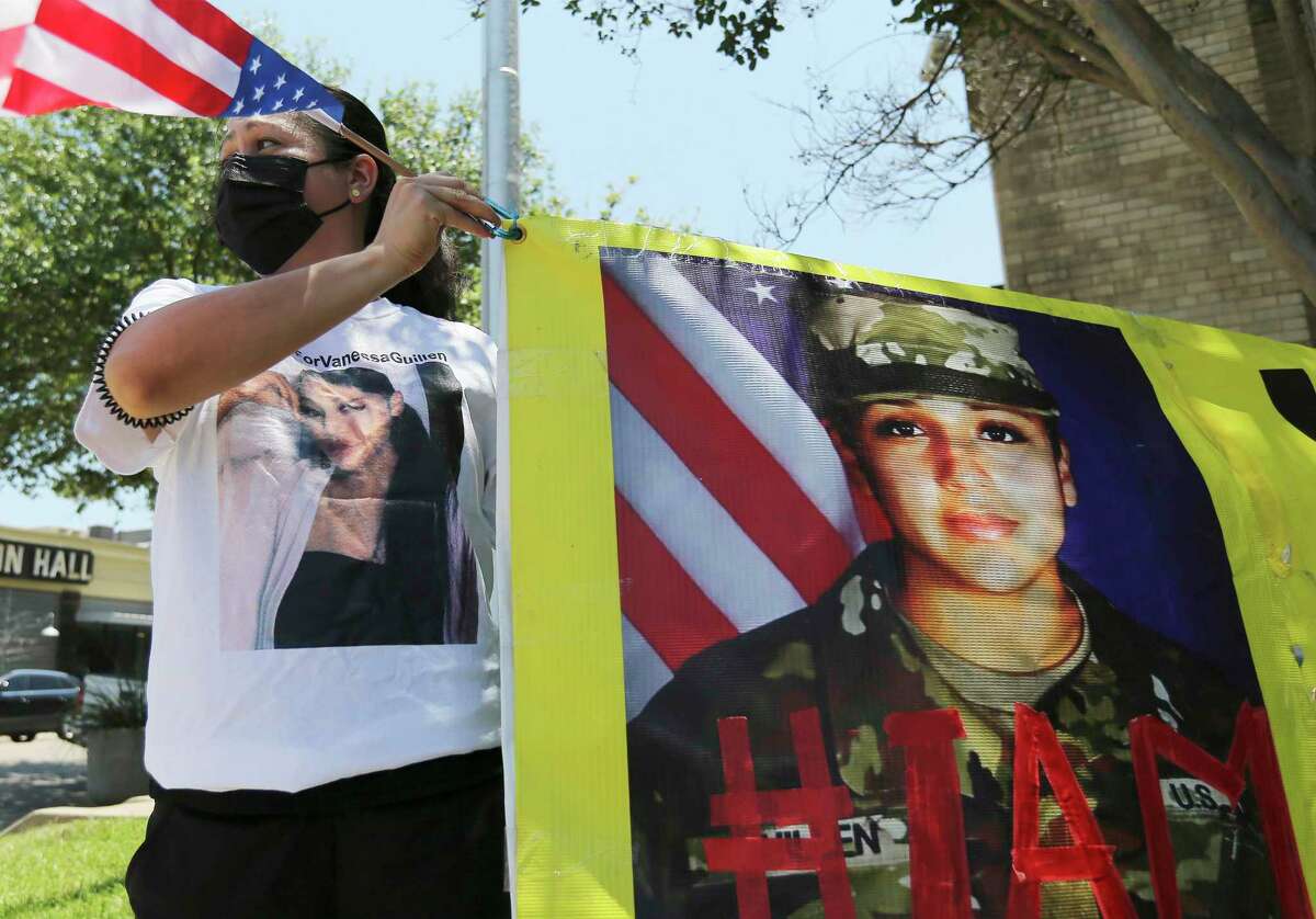 Valeria Guillenstands with other family and supporters of slain Army Spc. Vanessa Guillen outside a hearing in Waco last summer. The timing for the Netflix documentary is perfect.