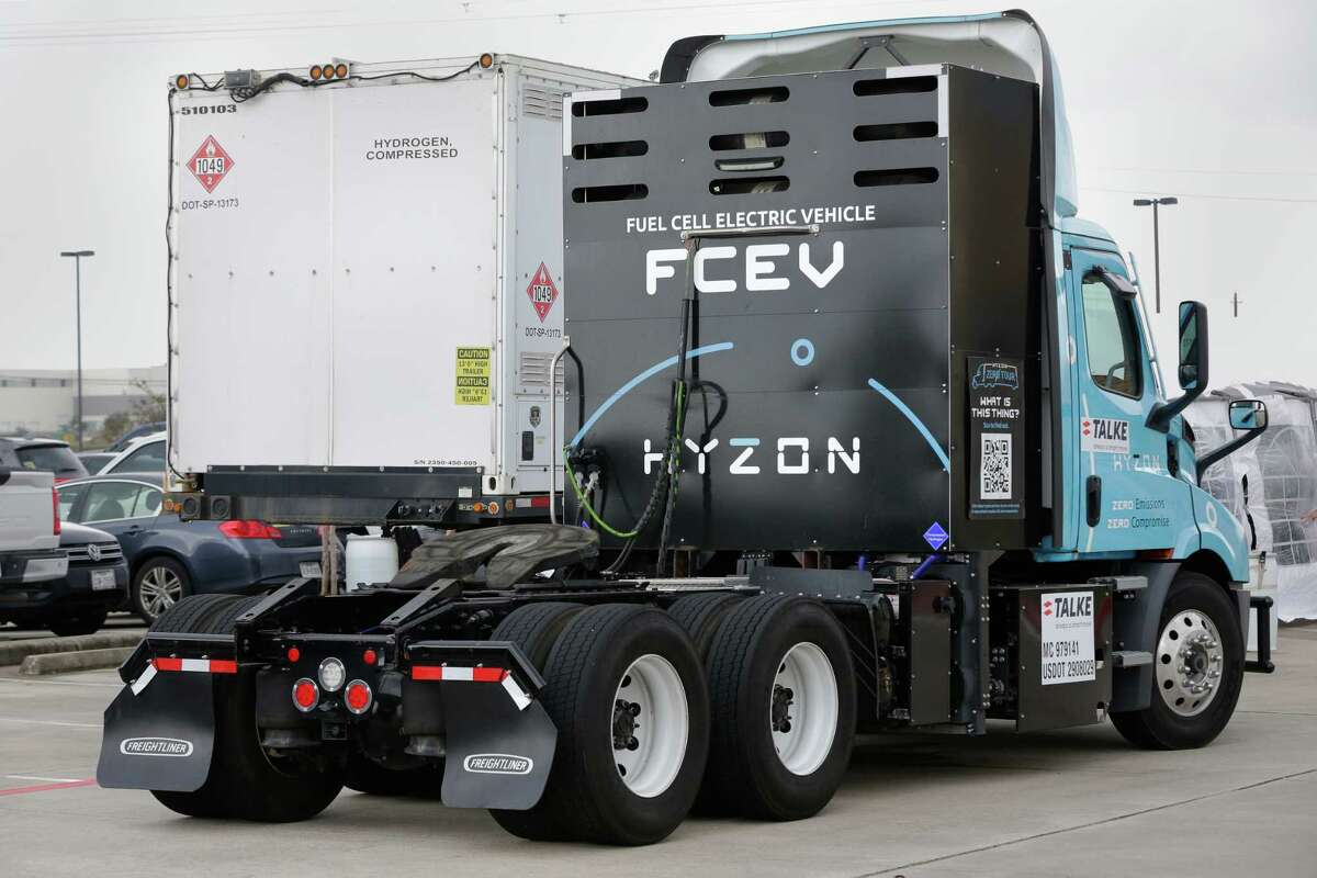 A Freightliner semi-truck, converted to run on hydrogen, showing the fuel cell behind the cabin during the “ride and drive” demonstration of Hydrogen fuels technology before a pilot program begins for the vehicles at the Port of Houston Tuesday, Dec. 13, 2022 in Deer Park, TX.