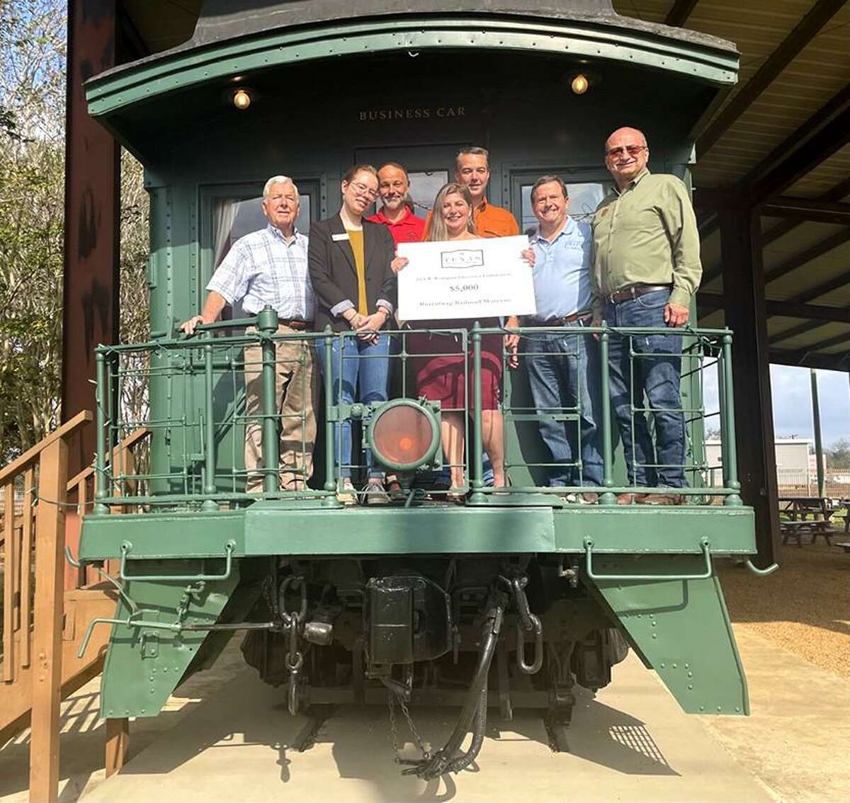 On Wednesday, Dec. 7, 2022, Texas Historical Foundation Director Patrick Biggins visited the Rosenberg Railroad Museum to present the Foundation’s October 2022 grant. Pictured from left are Joe Gurecky, Haley Wheeler, Jesse Otto, Rainey Webster, John Moore, Patrick Biggins and Bill Rickert.