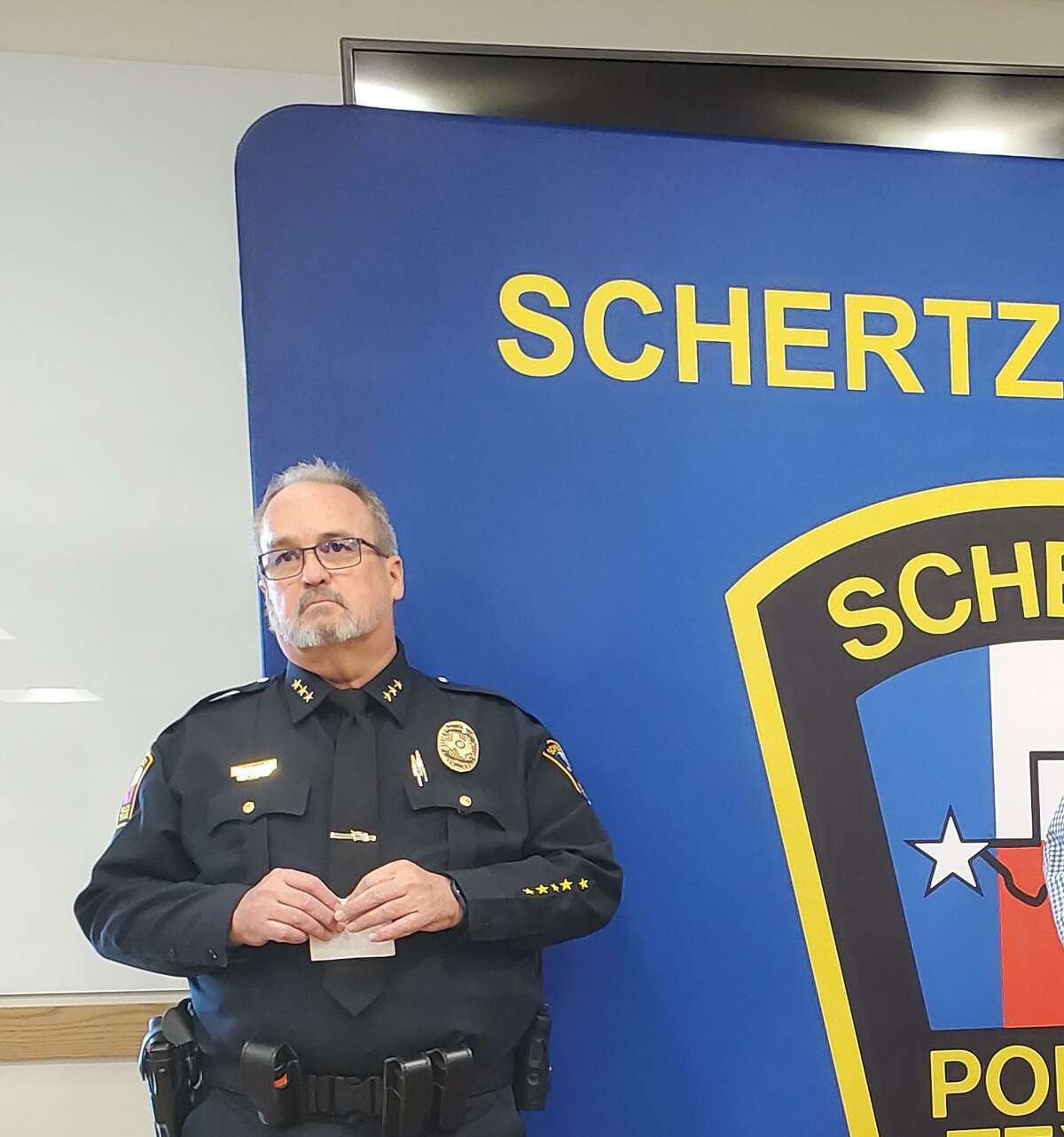 Schertz Police Chief Jim Lowery, shown at a press conference Dec. 8, said his department will work with the Bexar County District Attorney’s Office to decide if anyone should face charges for a loaded handgun brought to an elementary school by an 8-year-old student Tuesday.