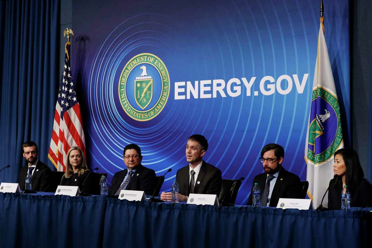 Scientists from the Lawrence Livermore National Laboratories (L-R) Principal Experimentalist Alex Zylstra, Principal Designer Annie Kritcher, Chief Engineer for National Ignition Facility Laser System Jean-Michel Di Nicola, Target Fabrications Program Manager Michael Stadermann, Stagnation Science Team Lead Arthur Pak and Tammy Ma, of the Inertial Fusion Energy Institutional Initiative, speak during a news conference at the Department of Energy headquarters to announce a breakthrough in fusion research on December 13, 2022 in Washington, DC. The officials announced that experiments at the National Ignition Facility at the LLNL achieved 'ignition,' where the fusion energy generated equals the laser energy that started the reaction for the first time ever, a major advancement that may produce bountiful clean energy in the future.